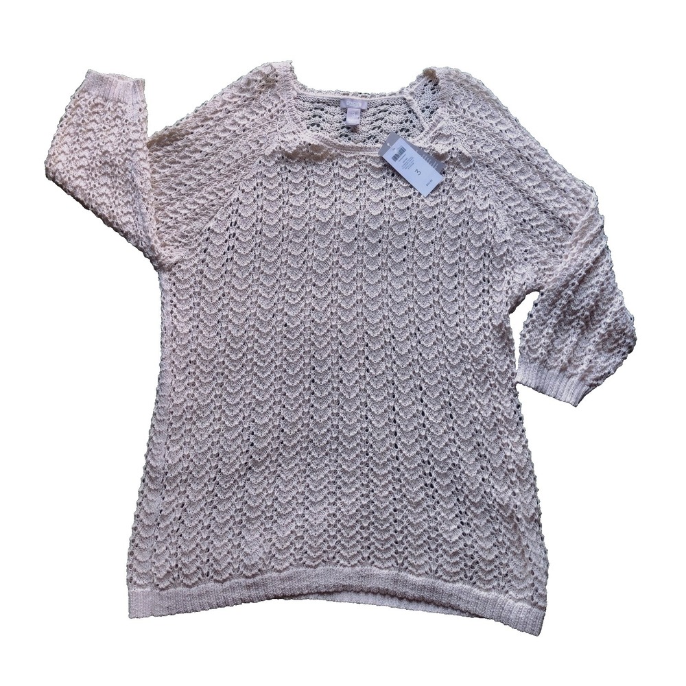 Chicos Constance Pullover Metallic Gold Open Knit Top XL Cream 3/4 Sleeve NWT